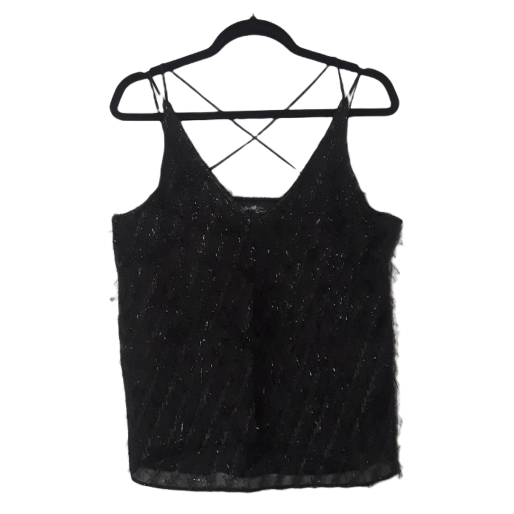 ON TWELFTH Black Metallic Silver Eyelash Criss Cross Tank Top Large